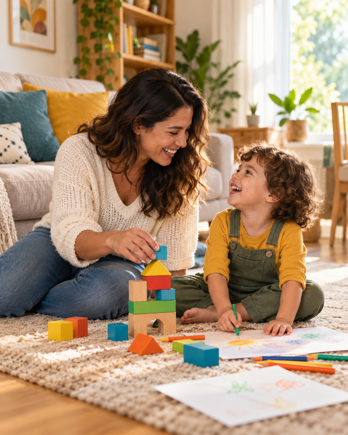 Mãe brincando com o filho no chão de casa